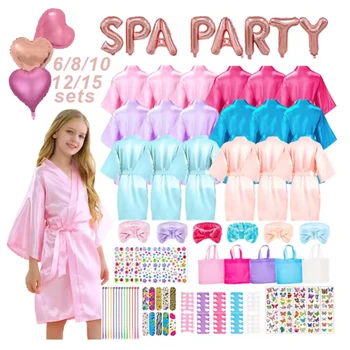 6-15Pcs Spa Party Robes for Girls Supplies Favors Kids Gowns Robe Soft Spa Headband Sleepover Birthday Party