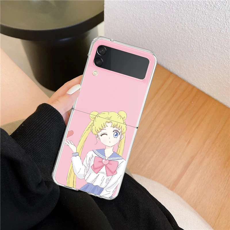 samsung galaxy z flip3 case Case For Galaxy Z Flip 3 5G Transparent Hard PC Back Cover For Samsung Galaxy Z Flip3 Protective Bumper Shell Sailor Moon Anime galaxy z flip3 phone case