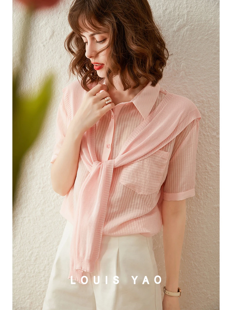 LOUIS YAO Women Shirt Detachable Shawl Striped Shirt 2024 Summer New Polo Neck Short Sleeve Loose Fit Fashionable Blouses Top