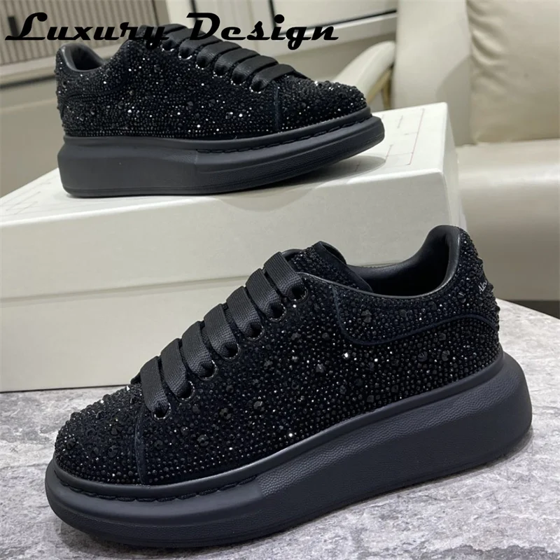 Luxury Rhinestone Sneakers Men Platform Casual Shoes Round Toe Lace-up Walking Shoes Woman Solid Color Crystal Sneakers