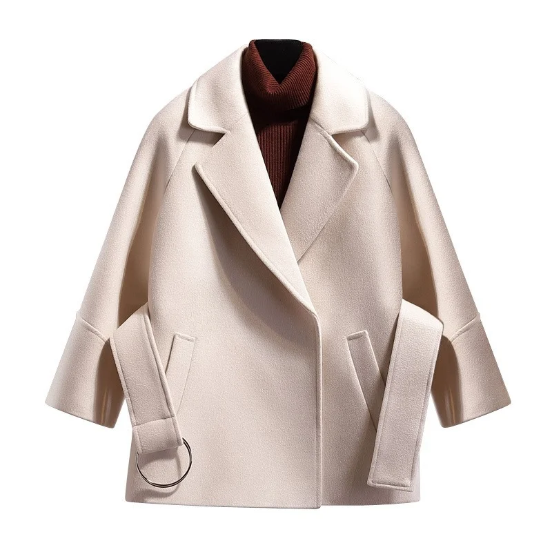 Khaki Blends Coats Autumn Winter Warm Casual Outwear Office Lady Solid Colors Big Sashes Pockets Lapel Jackets Overcoats Cloaks