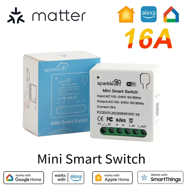 สวิตช์อัจฉริยะ Matter 16A WiFi ขนาดเล็ก แบบ Pass-through ตัดการเชื่อมต่อได้ ควบคุมการเปิด-ปิดแบบคู่ รองรับการควบคุมระยะไกลและตั้งเวลา ทำงานร่วมกับ HomeKit และ Alexa 1