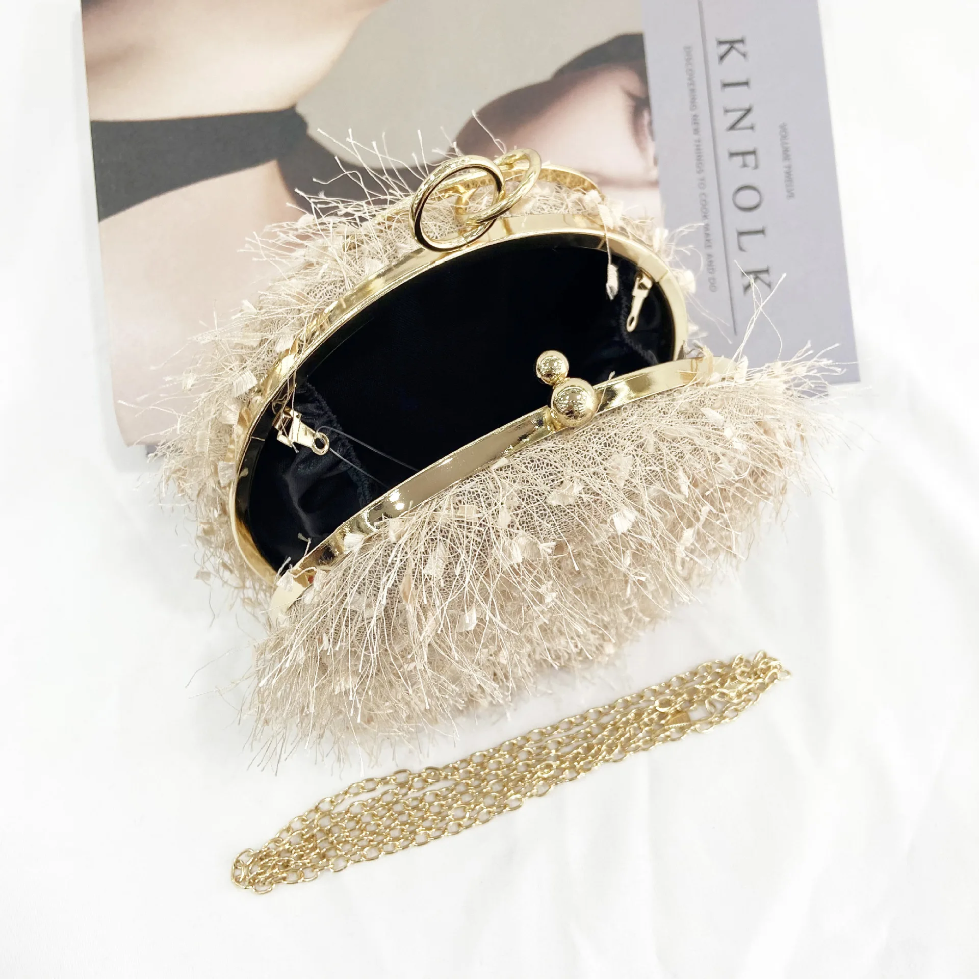 2022 new hand-made small round bag handmade furry evening bag one shoulder dress evening wedding wedding banquet bag