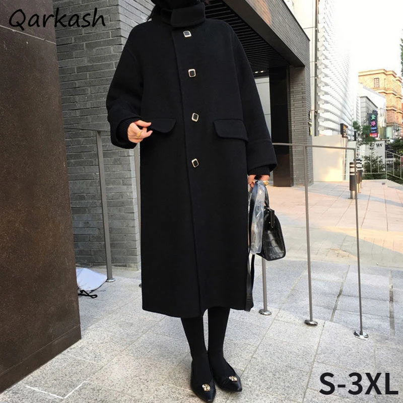 

Wool Blends Women S-3XL Temperament Elegant French Style Feminino Solid Loose Coats Gentle Leisure Popular Retro Simple Ins New