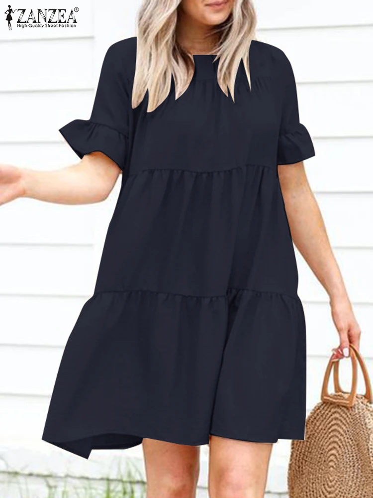 

Модное однотонное платье ZANZEA с оборками, Женский Повседневный пляжный сарафан с коротким рукавом, Платье До Колена с круглым вырезом, платье мини, праздничные платья