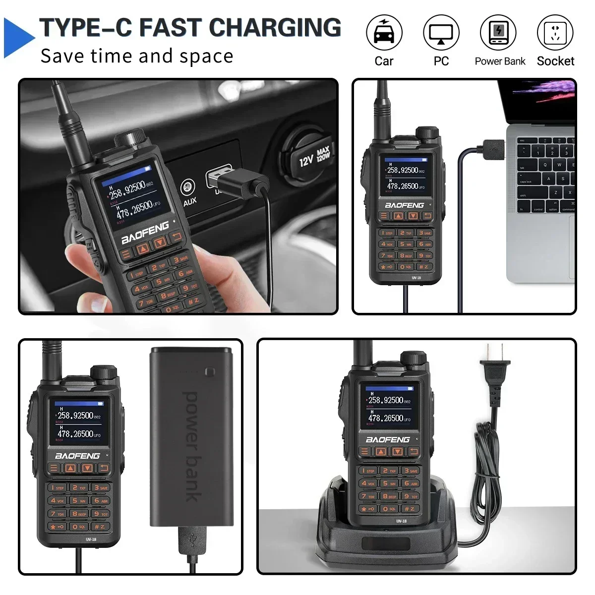 Baofeng Official Store UV-18 Pro Walkie Talkie 5W Wireless Copy Frequency 999CH NOAA Long Range Type-C Ham Two Way Radio NO GPS 3