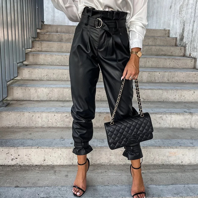 

Black PU Straight Leg Pants Women 2022 Fall Fashion Pleated High Waist Leather Trousers with Belt Ladies Office Pants Streetwear
