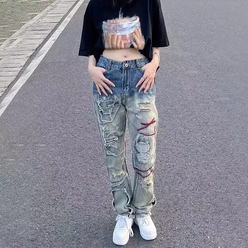 Vibe Streetwear American Style Vintage Ripped Straight Leg Denim Pants Men's Washing Destructed Slims Smooths Your Silhouette