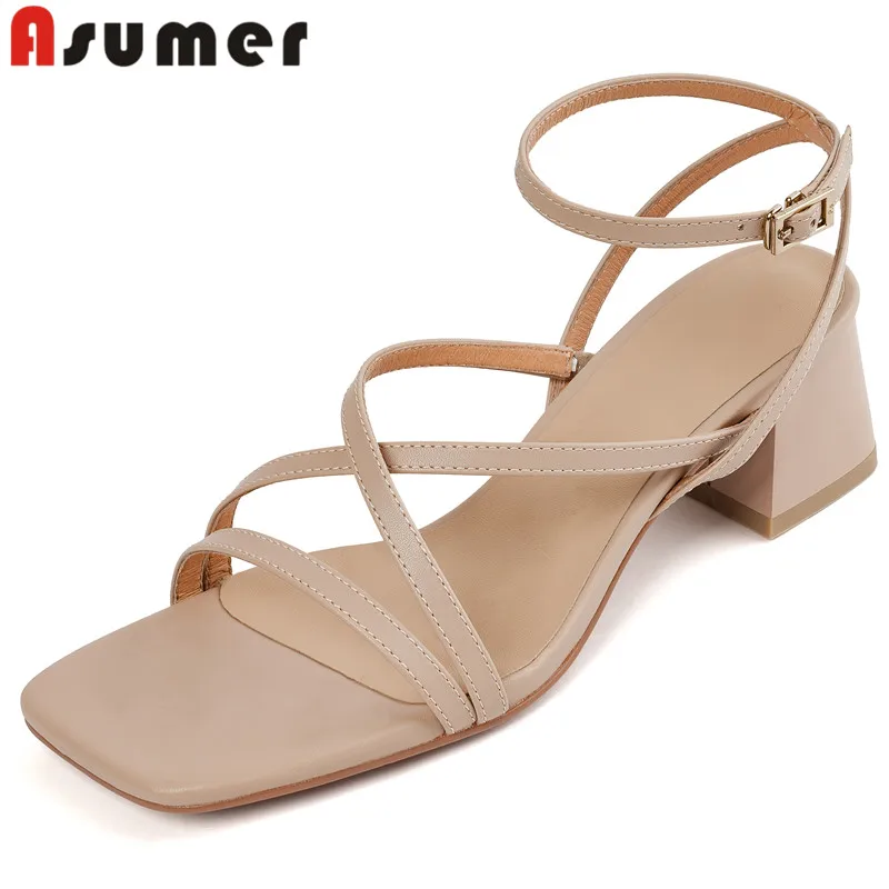 

ASUMER 2024 New Microfiber Dress Sandals Buckle Office Ladies Slingbacks Summer Shoes Thick Med Heels Women Sandals