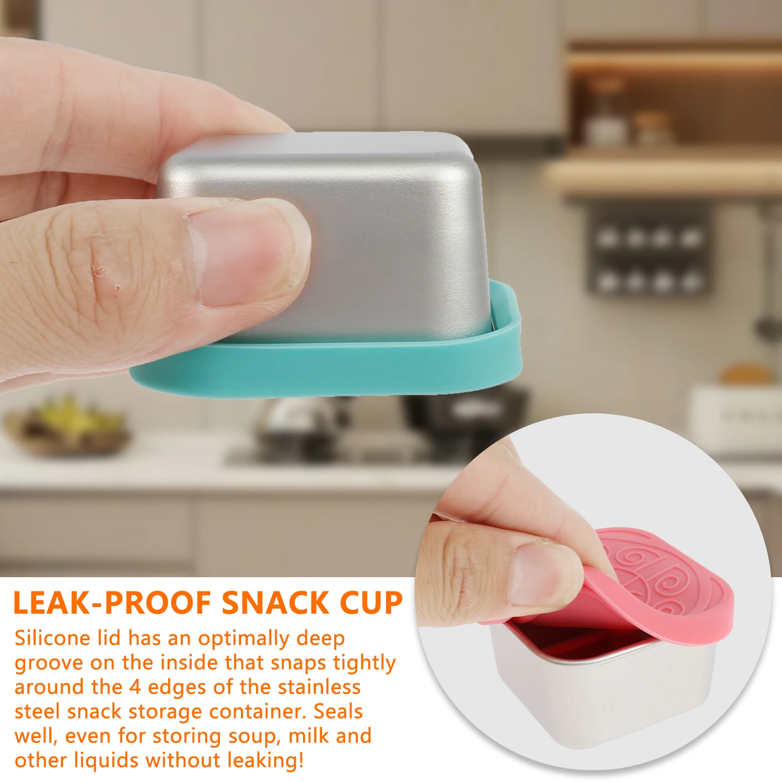 4Pcs 6oz Snack Container Stainless Steel Snack Container Sauce Box with Silicone Lids Leakproof Stackable Food Storage Container 3