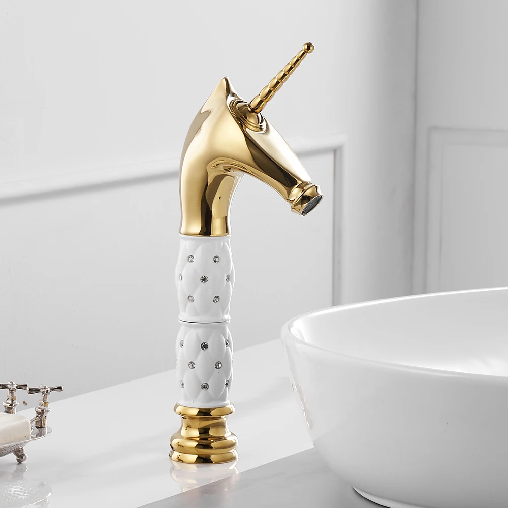 

Vidric Basin Faucets Unique Fashion Bathroom Horse Head Faucet Chrome Brass Deck Mounted Single Long Handle Bath Basin Faucet 85
