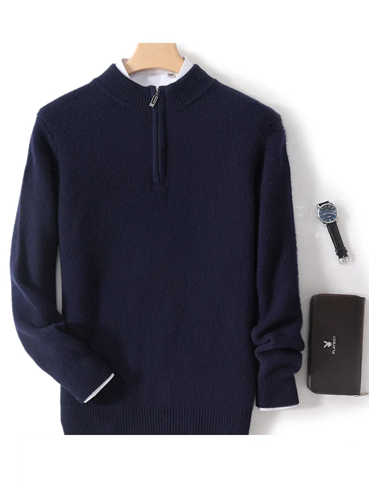 Men Mock Neck Zipper Sweaters 100% Merino Wool Pullover Casual Fashion Clothing Autumn Winter Thick Cashmere Knitwear Tops