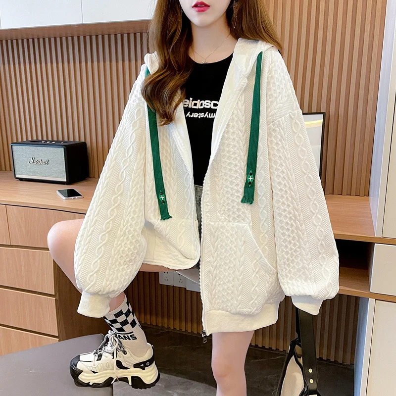 Women's Long Drawstring Hoodies, Thin Cardigan Sweatshirt, Female Tops, Loose, Drawstring, Zipper Jackets, Spring, Autumn, New