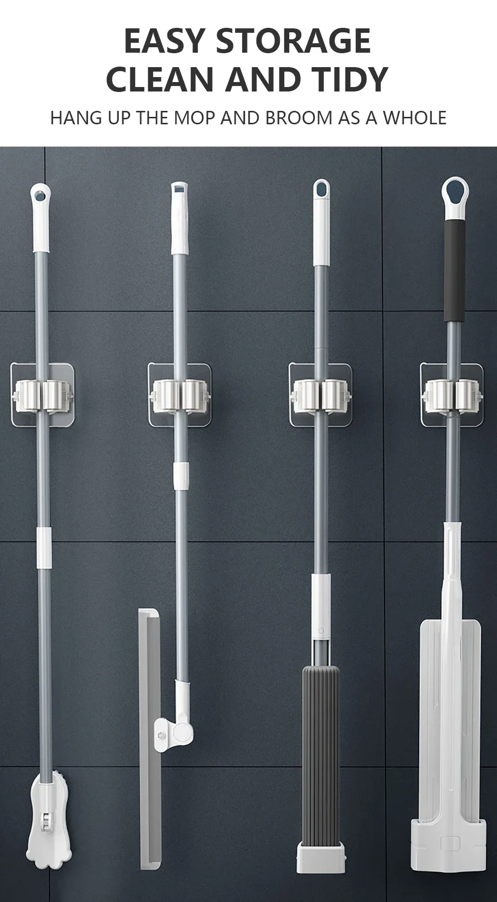 Home Mop Storage Rack Bathroom Suction Hanging Pipe Traceless Hooks Wall Mounted Mop Organizer Holder Waterproof Broom Hanger