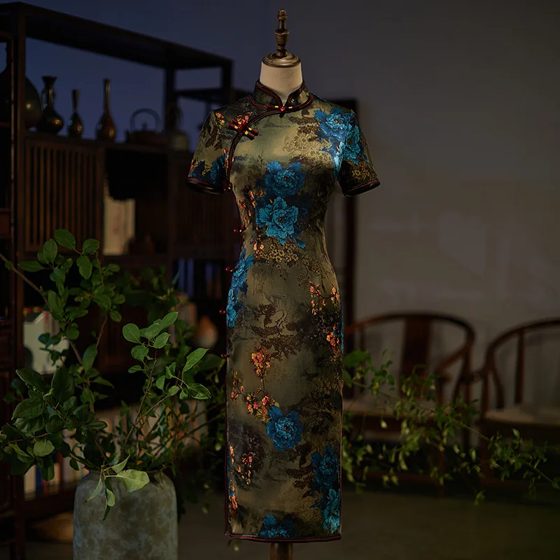

Summer Women Short Sleeve Flower Printed Satin Knee-Length Cheongsam Elegant Side Eight Buckles Qipao Chinese Dresses