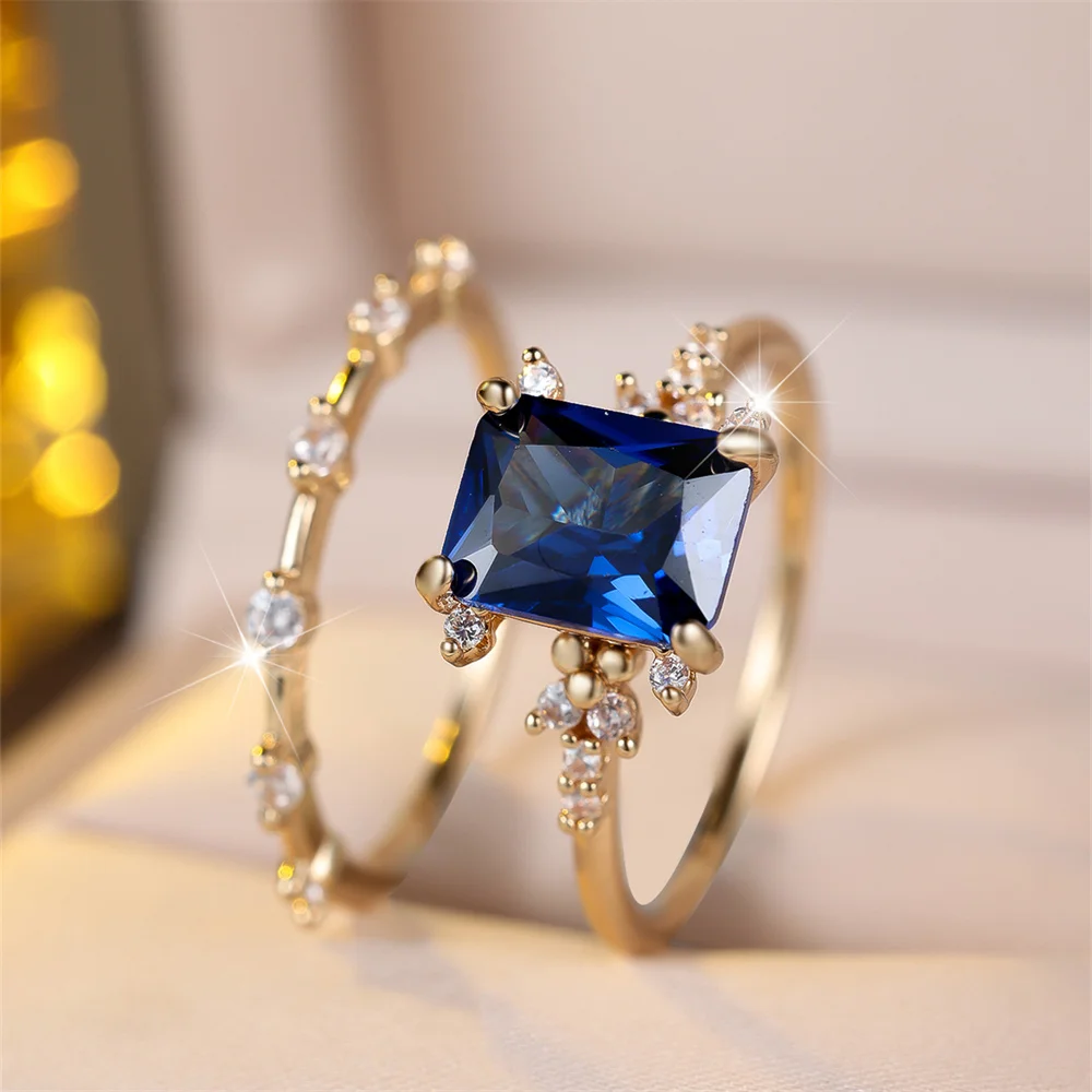 Blue Zircon Square Stone Ring Sets For Women Men Trendy Gold Color Engagement Double Rings Wedding Jewelry Bridal Valentine Gift