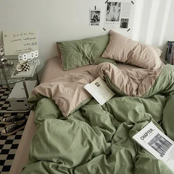 Set di Biancheria da Letto in Cotone Lavato a Doppia Trattazione di Alta Qualità, 4 Pezzi, per Dormitorio Studentesco