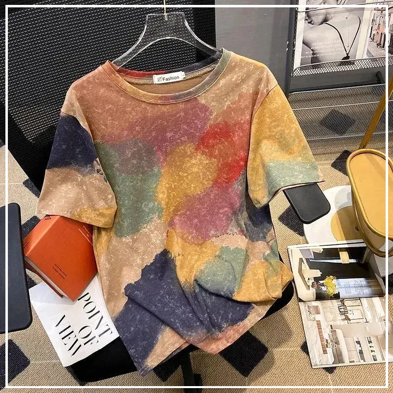 

2024 Summer Fashion Personality Design Niche Tie Dyed Round Neck Loose Oversized Casual Trend Versatile Short Sleeved T-shirt