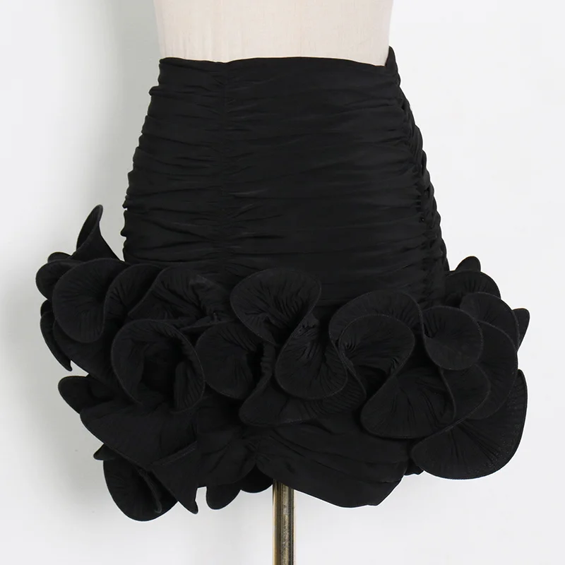 

Patchwork Casual Ruffles Skirt For Women High Waist Pleated Asymmetrical Hem Solid Mini Skirts Female Summer Clothes