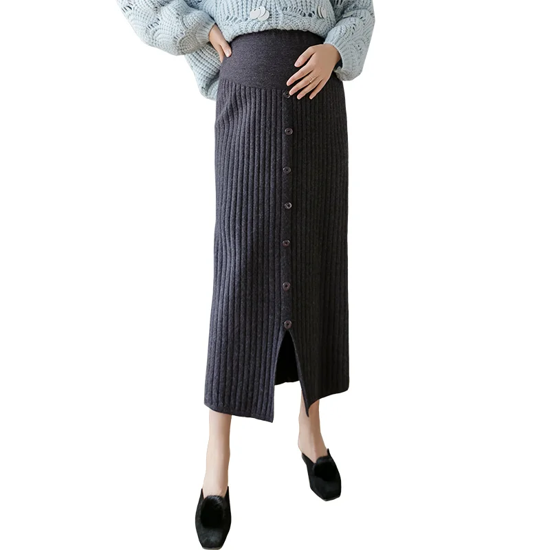 Autumn Maternity Clothes Slim Hip Pregnant Women Long Knit Skirts Adjustable Waist Pencil Skirt Button Fly Split Pregnancy Skirt