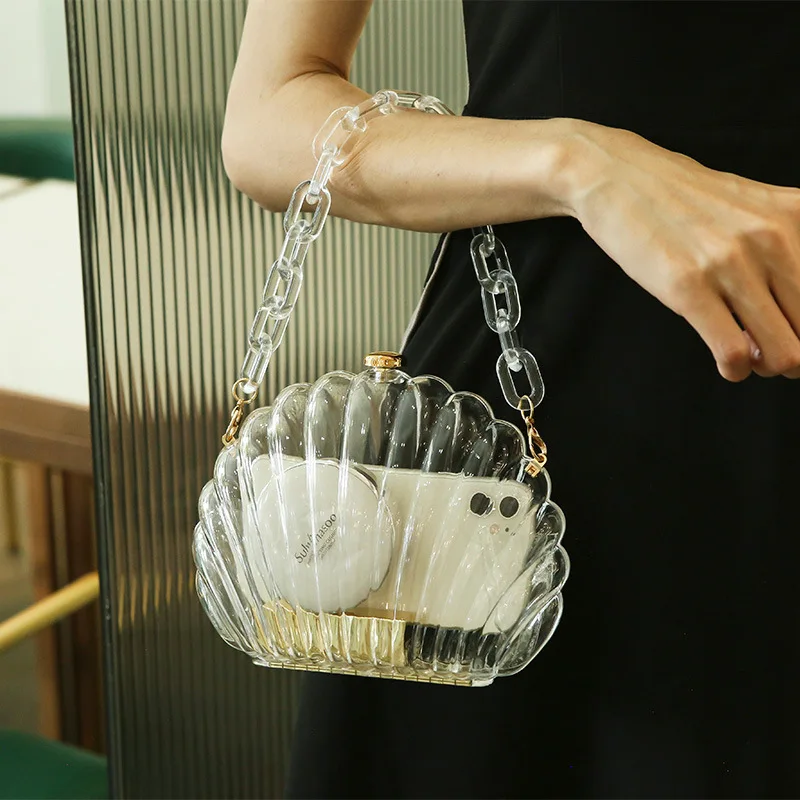 Trendy Transparent Seashell Evening Bags with Metal Acrylic Chain Sholder Bag Crossbody for Women