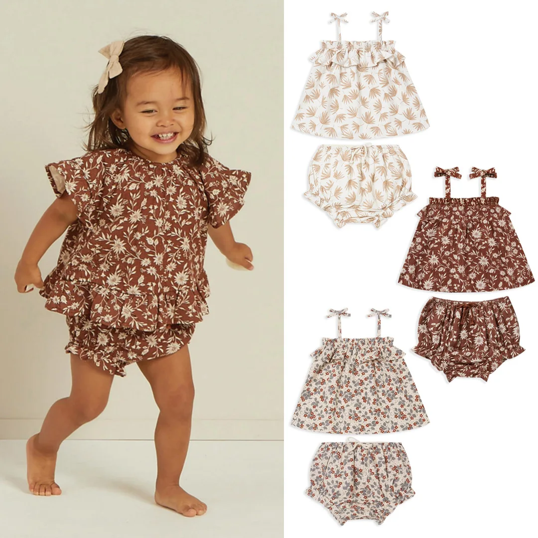 

1year-old infant and toddler pure cotton suspender set, summer female baby comfortable thin small floral top buttocks and shorts