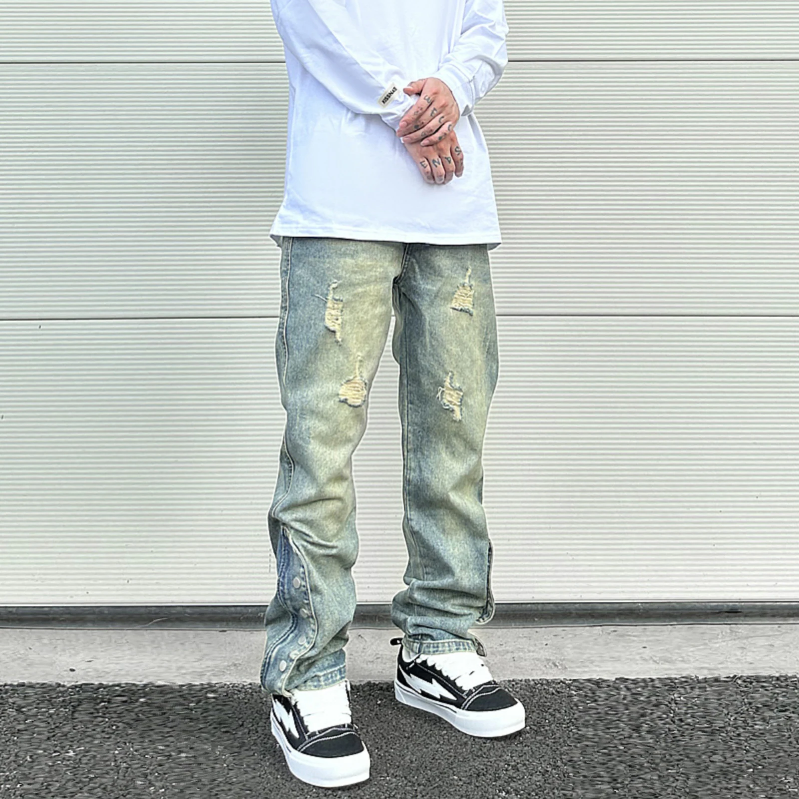 남성용 격자 무늬 프린트 스트레이트 핏 청바지, 스트리트 코튼 데님 팬츠, 파란색 패션 디자이너, 캐주얼 모든 것, 신제품 