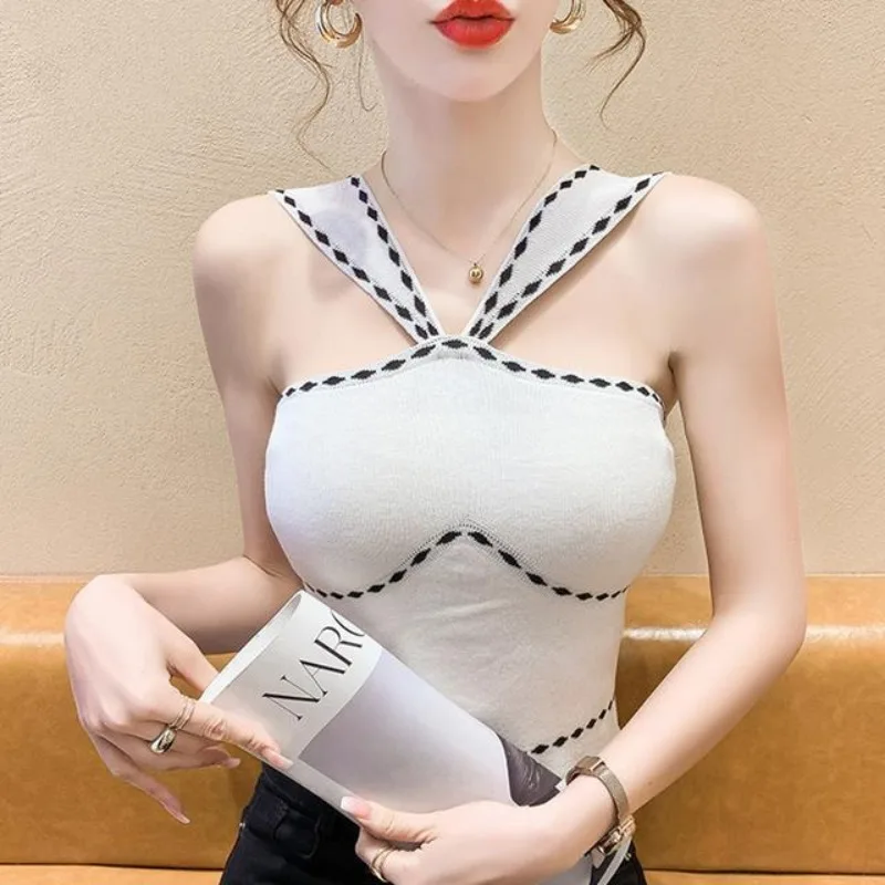 

Women's Clothing 2024 Summer New Fashion Sexy Contrast Color Printed Spliced Sweet Sleeveless Slim Short Knitted Camisole Tops