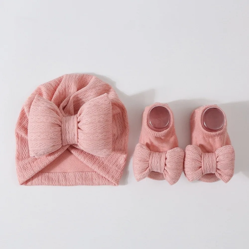 3Pcs/Set Headwear Bow Baby Hat Socks Set Cotton Solid Color Baby Fetal Cap 0-12 Months Keep Warm Newborn Turban Hat Autumn