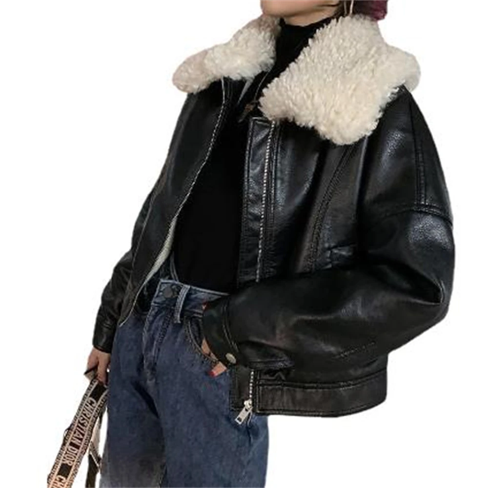 

Faux Shearling Jackets for Women PU Outerwear Warm Coats Vintage Long Sleeve Belt Hem Female Chic Tops Thick Outerwear Fashion