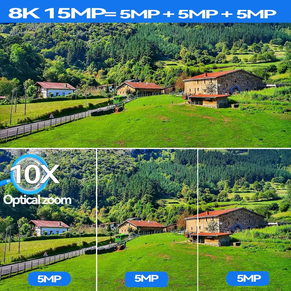 Surveillance IP Camera 3 Screen 10X Optical Zoom 360&deg; View PTZ Video Cam CCTV 8K 15MP WiFi Outdoor security camera