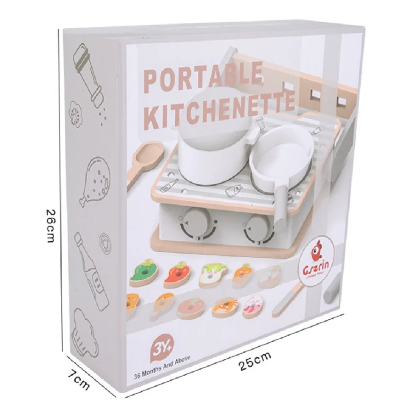 DokiToy Children's Wooden Portable Mini Kitchen Household Gas Stove Toy Children's Cooking And Frying Set Simulation Tableware
