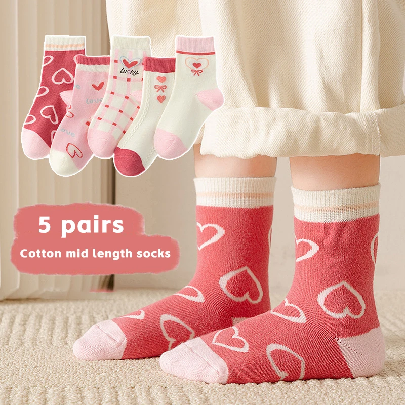5 Pairs/Lot Kids Soft Cotton Socks Korean Love Heart Flower Print Baby Girl Socks Autumn Winter Warm Children Middle Tube Socks 4