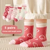 5 Pairs/Lot Kids Soft Cotton Socks Korean Love Heart Flower Print Baby Girl Socks Autumn Winter Warm Children Middle Tube Socks 4