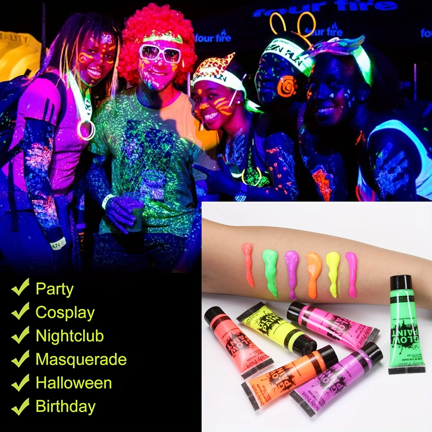 6PCS 25ml Fluorescent Paint Glow In The Dark Light Body Paint Face Painting for Party Halloween Event Makeup Club Makeup Xmas Gl 4