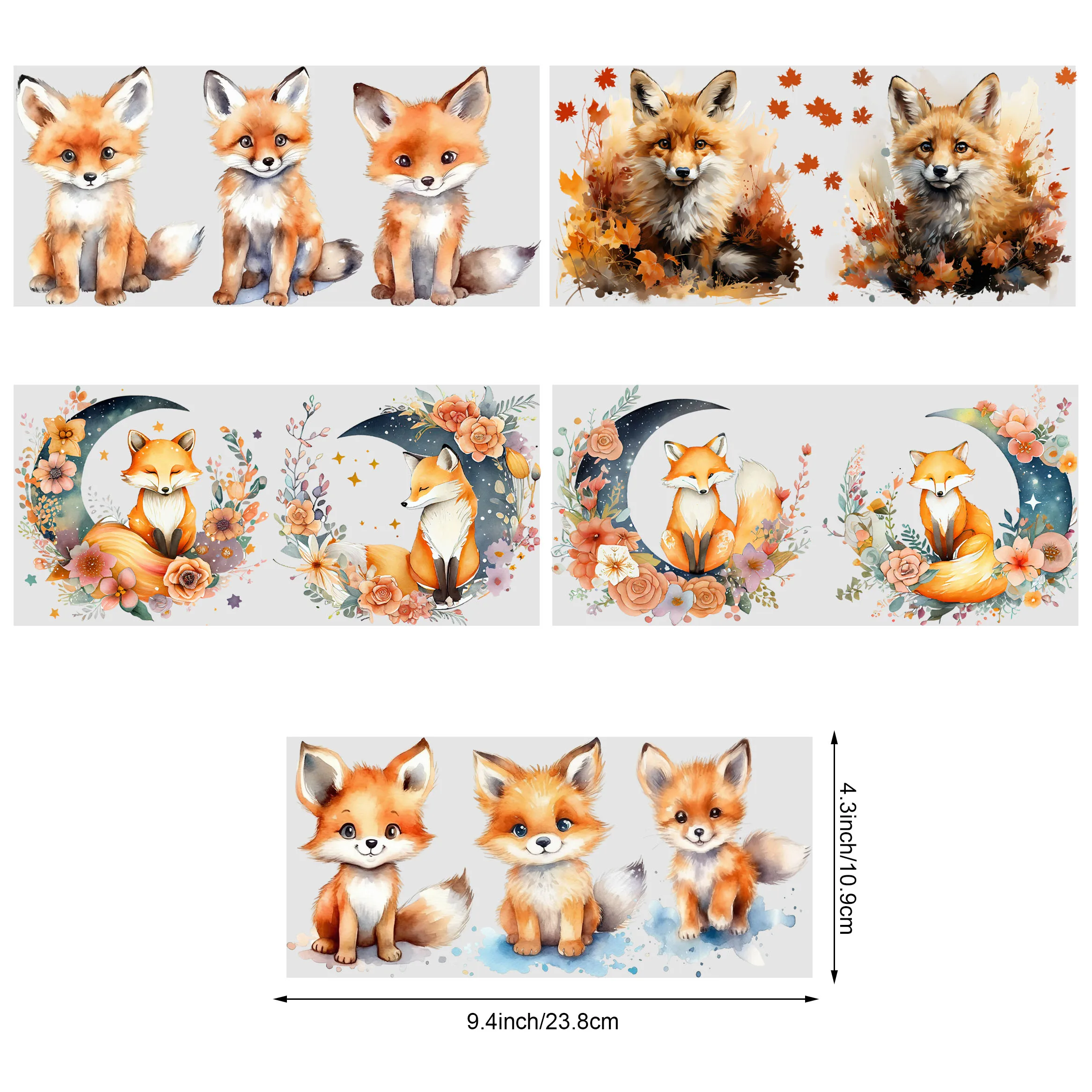 5 Sheets Fox UV DTF Mug Stickers, Glass Sports DTF Transfer Stickers, Waterproof Cute Fox Wipe-On Transfers for 16 oz Glass, Mug
