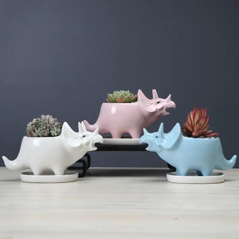 

cute Ceramic Triceratops Garden Pot With Tray Succulents Flower Pot Creative Dinosaur Statue Planter For Home Desktop Decoration