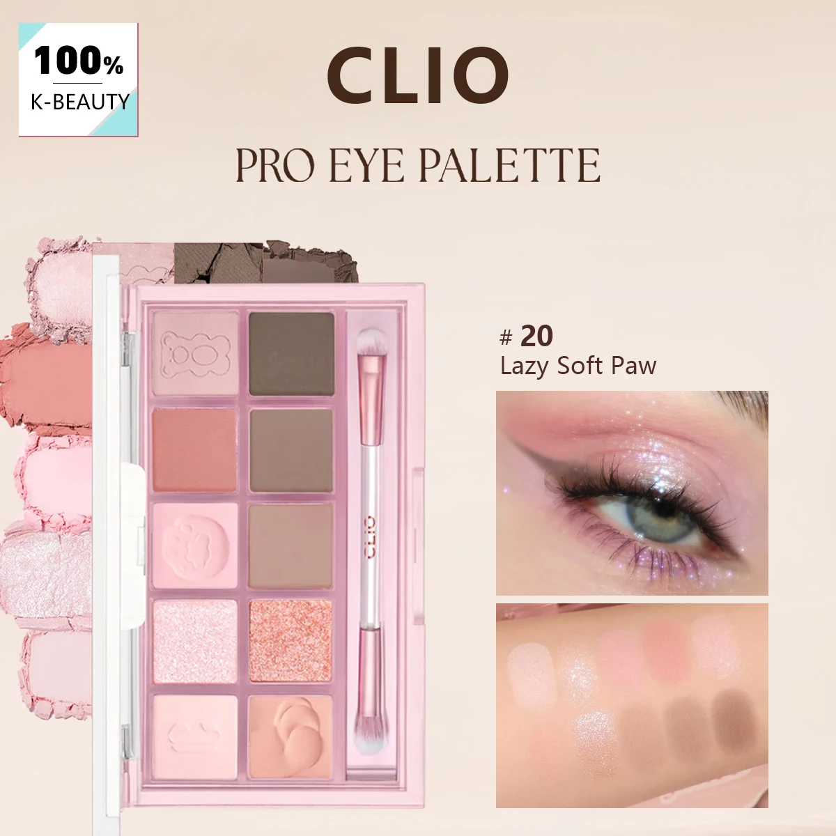 CLIO Pro Eye Palette 20 Lazy Soft Paw,Fine Powder Texture,Smooth&Minimal Fallout,Stardust Shimmer Finish,K-Beauty,Korean Makeup