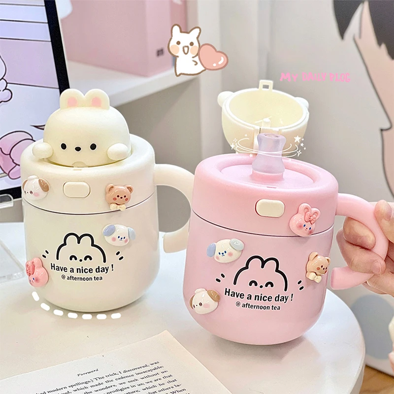 Kawaii Bear Coffee Thermal Cup For Hot Cold Drinks Water Tea Milk Thermos  Mug Stainless Steel Cup With Straw Lid Portable Bottle - AliExpress