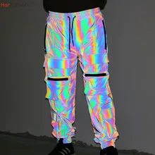 

2022 Four Seasons Male Long Rainbow Sport Trouser Loose More Pockets Safe Dark Gray Bottoms Hip Hop Men Reflective Cargo Pants