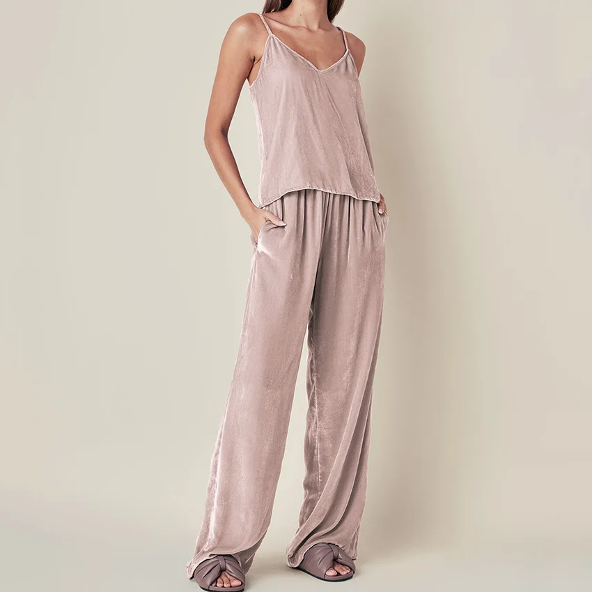 

2023 Summer New Two Piece Pants Sets Female Pajamas V-neck Camis Sleeveless Top And Wide Leg Pants Set Loose Home Women Suit