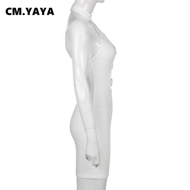 CM YAYA Women Waffle Roll Lace Up Halter Neck Sleeveless Bodycon Mini Midi Dress New Spring Casual Basic Sexy Retro Dresses