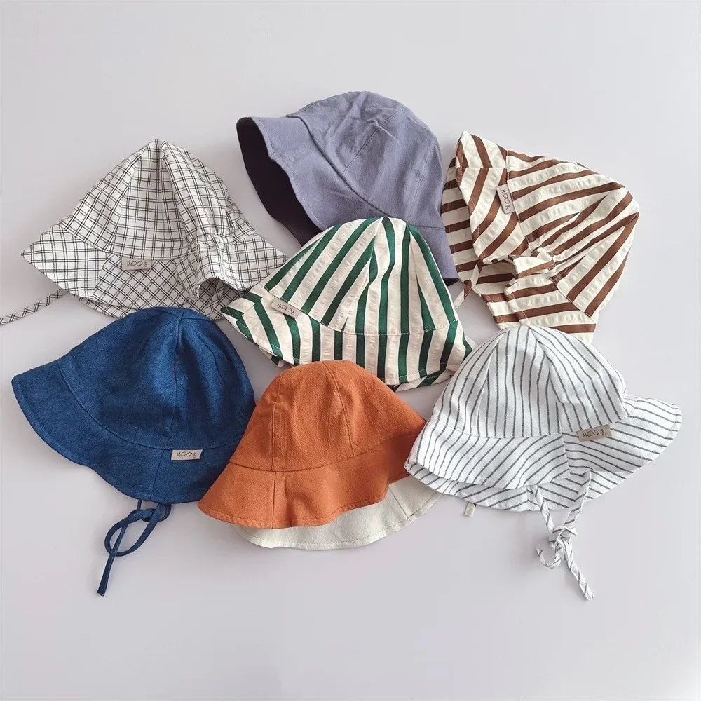 New Boy Children Striped Lacing Fisherman's Cap Girl Baby Solid Casual Sunscreen Hat Infant Cotton Caps Kid Windproof Basin Hats 2