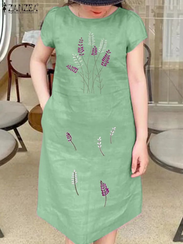 

Платье ZANZEA женское пляжное с круглым вырезом, хлопок, повседневная одежда до колен, с цветочной вышивкой, лето 2024