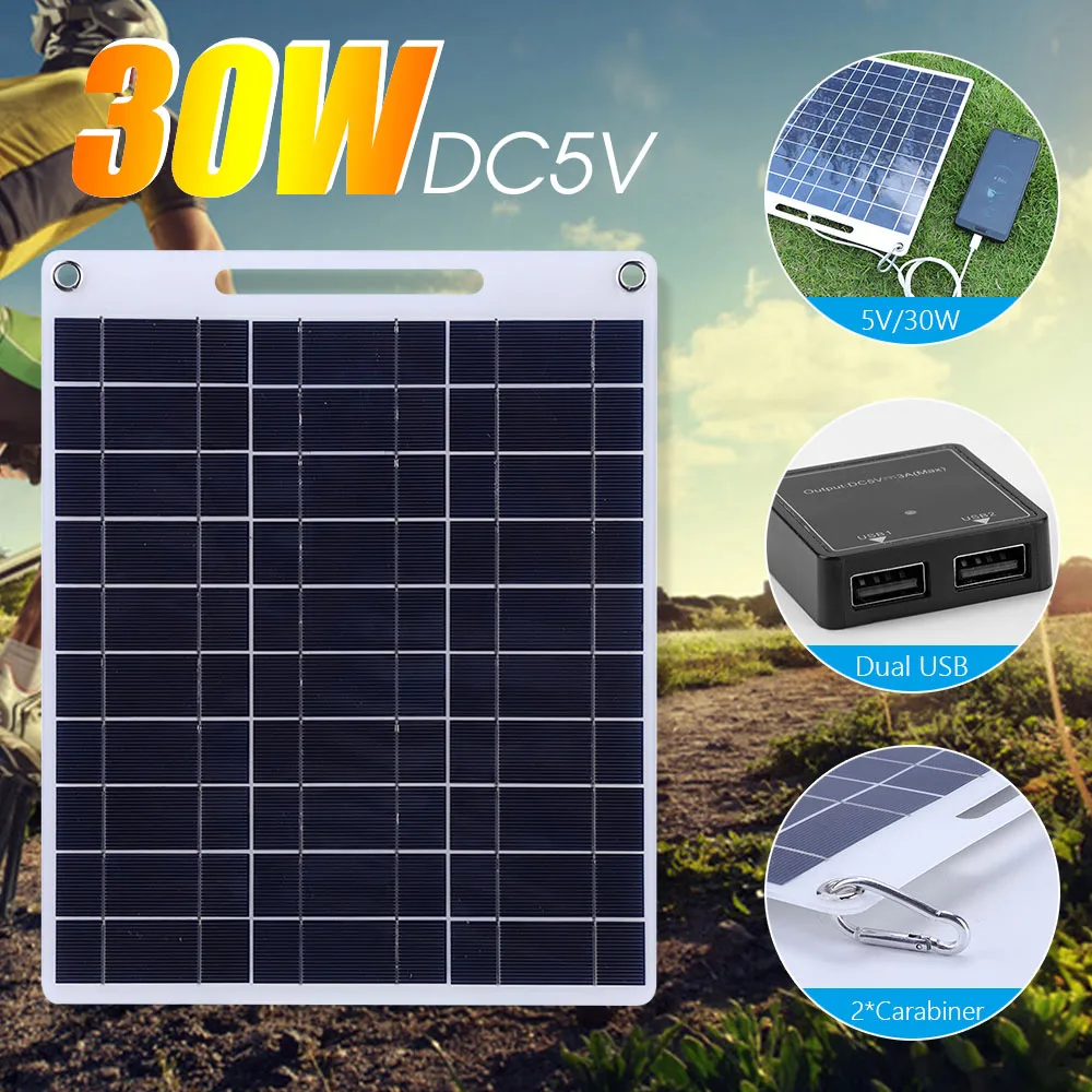 30W Solar Panel Portable 5V Fast-charging Cell Board Outdoor Emergency Charging Battery Camping Hiking Travel Phone Charger
