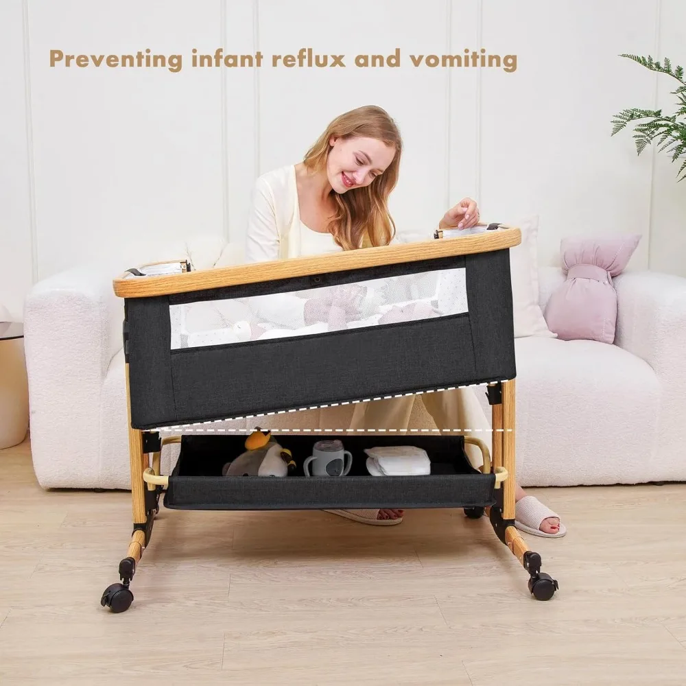 Baby Bassinet, 3 in 1 Bedside Crib for Newborn, 6 Height Adjustable  Easy Folding & with Mosquito Net & Storage Basket & Wheels 4
