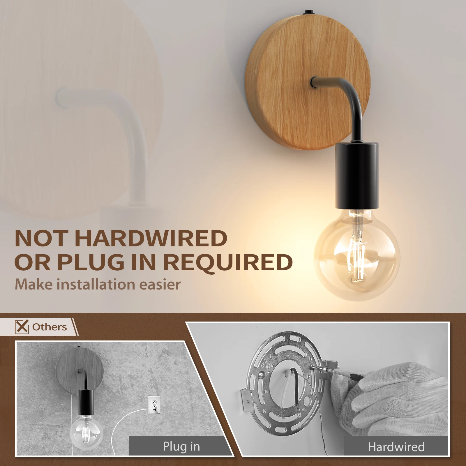 AA Battery Operated Wall Lights Cordless Wall Light Fixtures Wooden Wall  Sconce for Living Room Hallway Kitchen Bedroom Decor - AliExpress, image size:1600x1600