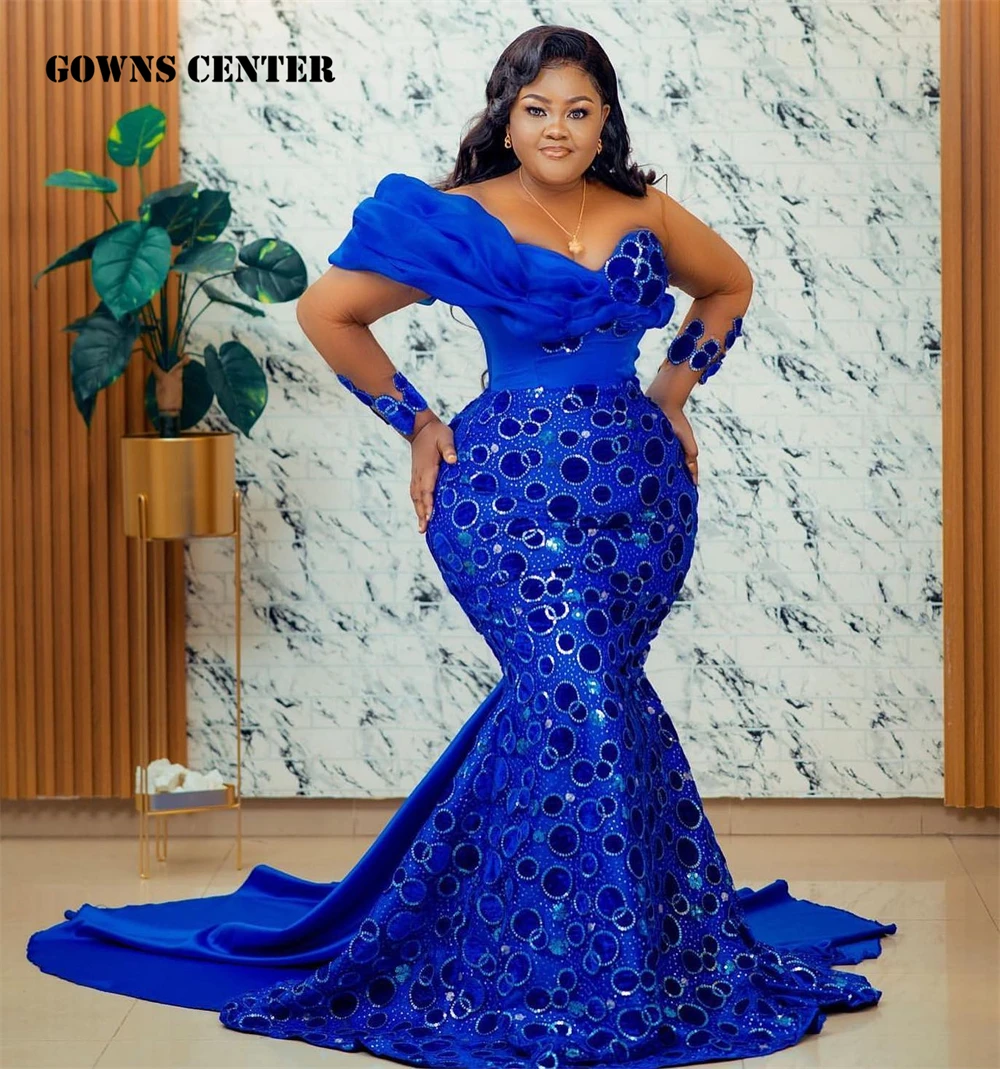 

Royal Blue Off The Shoulder Aso Ebi Mermaid Elegant Evening Dresses For Women Luxury Mesh Long Sleeve Dresses For Women Party
