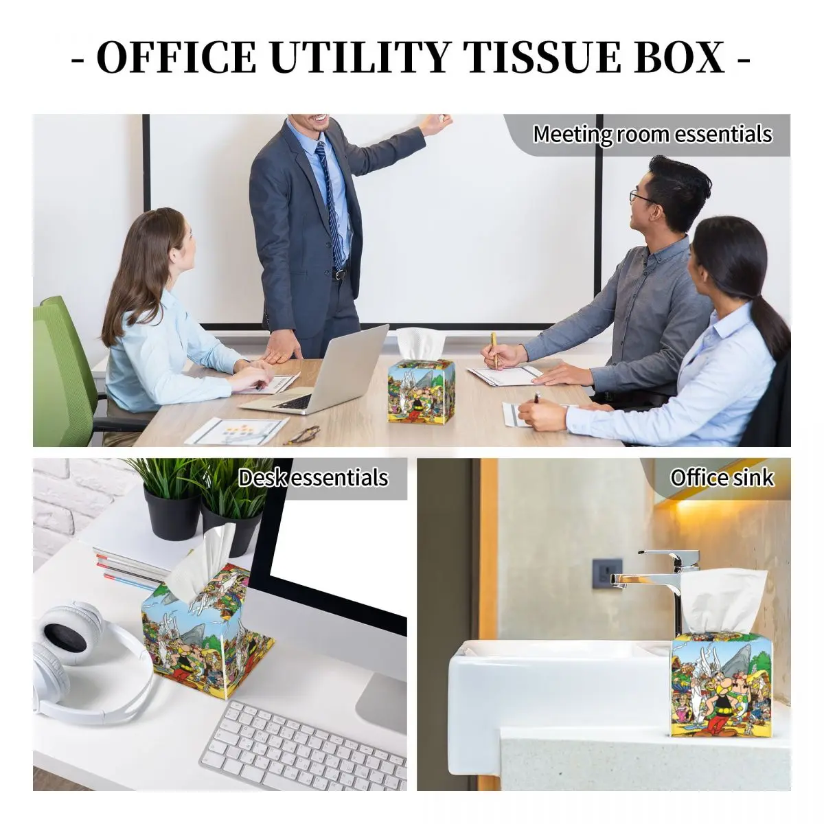 Custom Anime Asterix And Obelix Facial Tissue Box Cover Square Anime Cartoon Getafix PU Leather Tissue Box Holder for Car Office 6