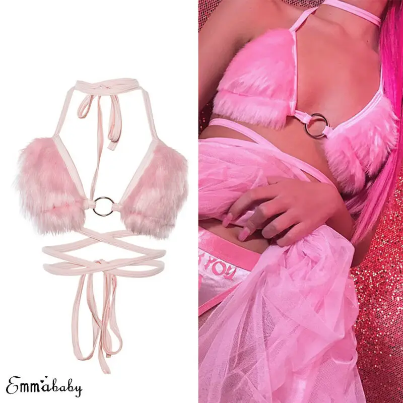 Sexy Women Bras Fluffy Plush Top Sweet Girl Pink Color Crop Top Ladies Crop Ladies Underwear Backless Metal Ring